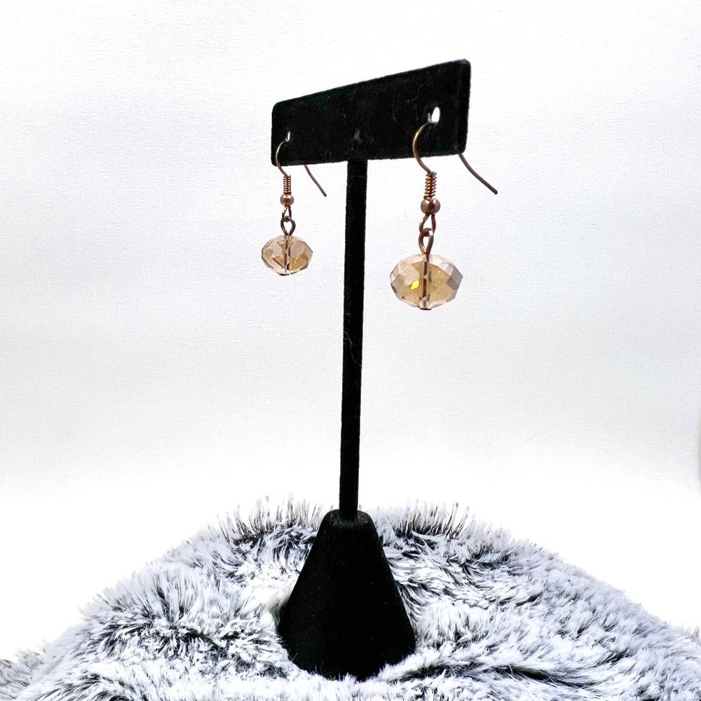 Brown Faceted Crystal Drop 1.25” Copper Tone Fishhook Earrings